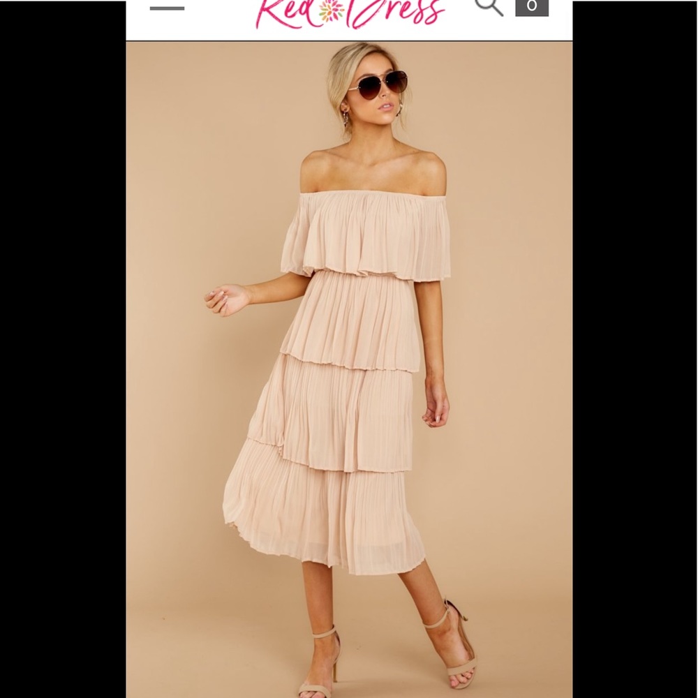 Red Dress  Off The Shoulder Ruffle Beige Dress